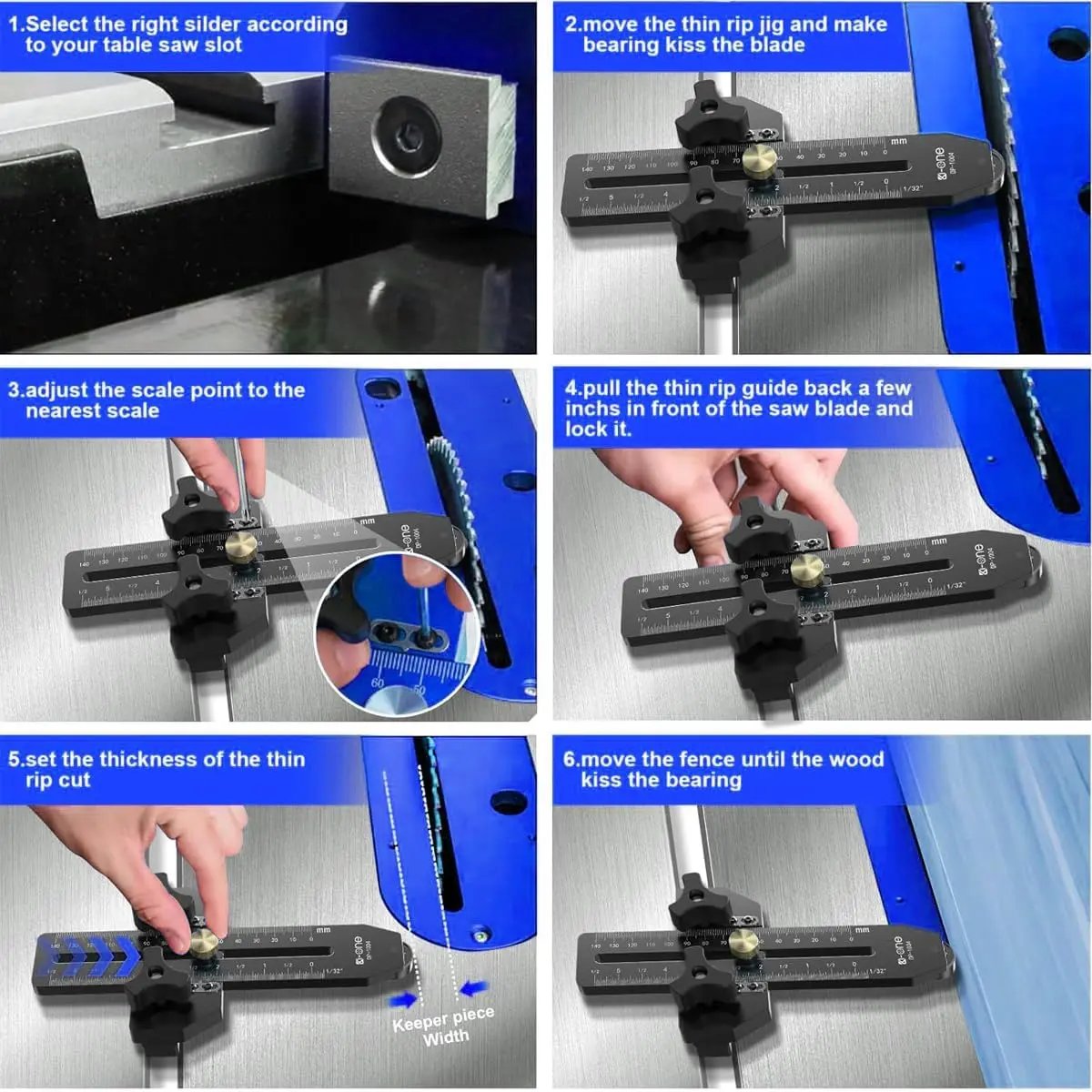 Fast Thin Ripping Guide for Table Saw, Precise Repetitive Narrow Cuts, Adjustable Thin Rip Jig Fits 3/4" x 3/8" T-Track & Miter Slot, Band Saw & Router Table Compatible